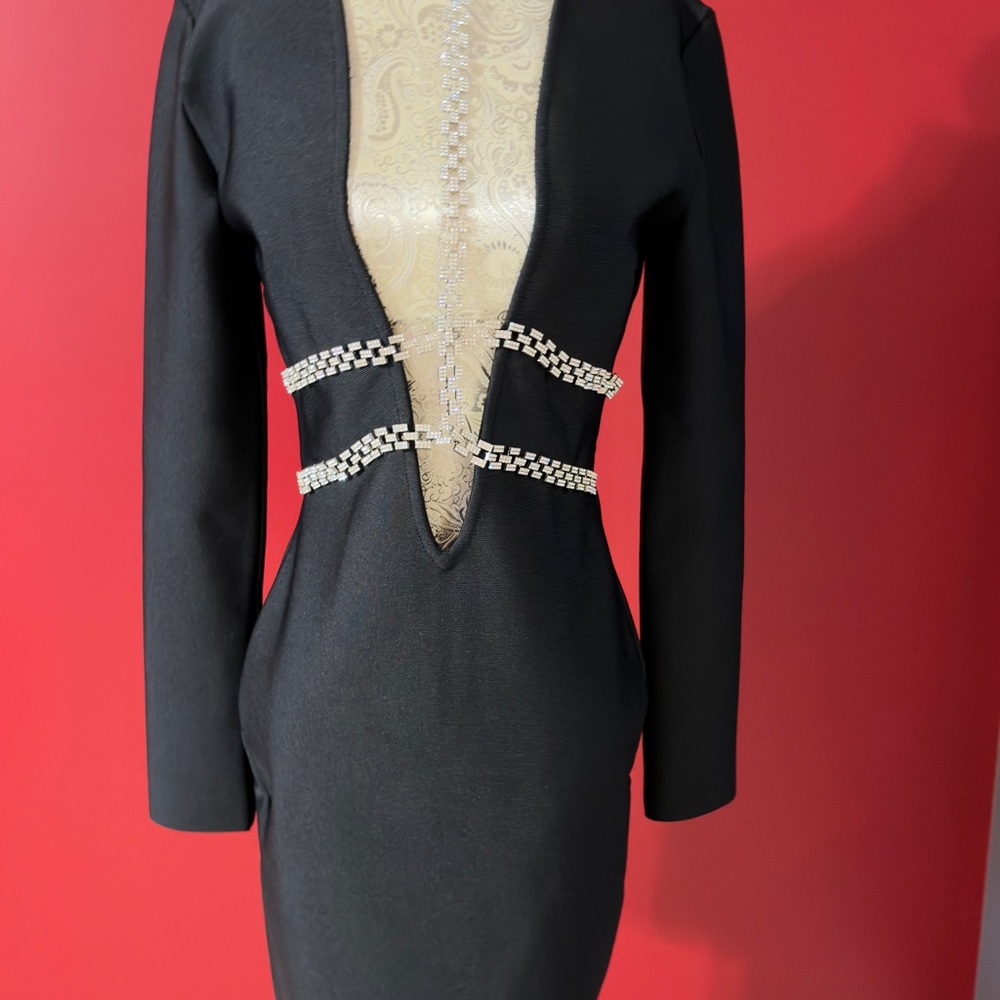 Chic Black Long Sleeve Dress with Rhinestone Detail